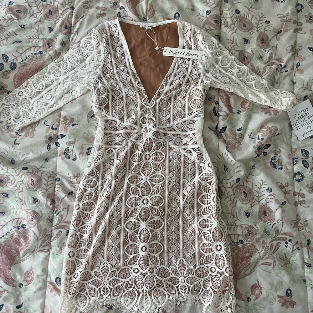For Love & Lemons Ivory Lace Long Sleeve V-Neck Mini Dress